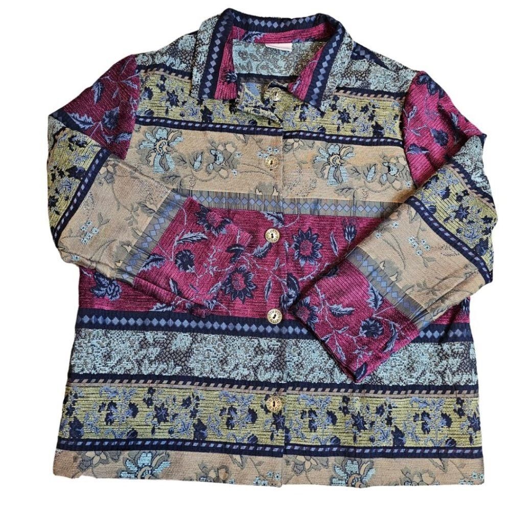 Tapestry Jacket Jacquard Floral Red Blue Tan Multicolor Textured Boxy